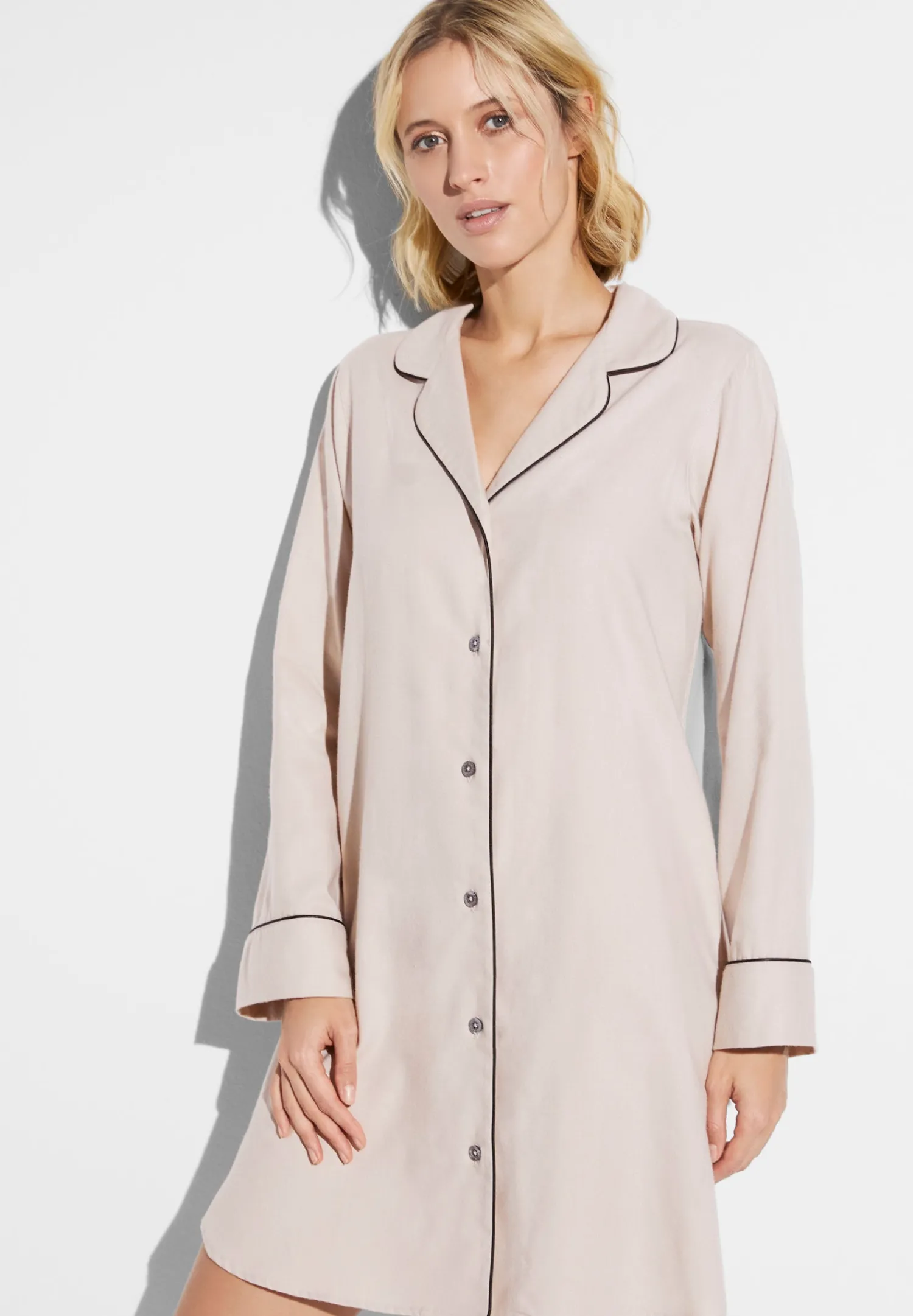 T-Shirts À Manches Longues|Chemises De Nuit-Zimmerli Cozy FlannelTee-shirt de nuit manches longues - oat