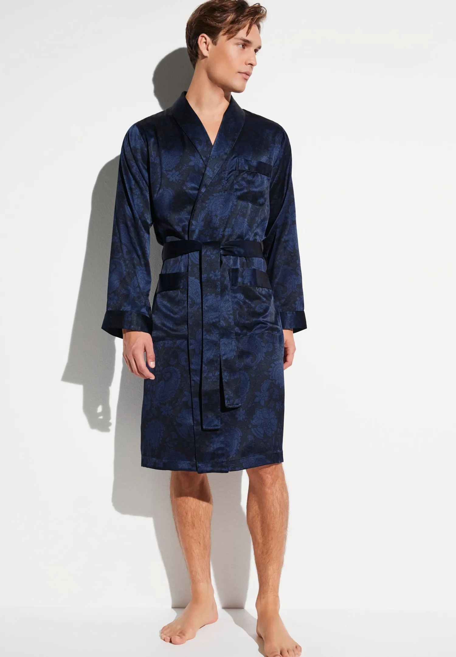 Silk Nightwear|Peignoirs-Zimmerli Silk NightwearRobe de chambre longue - paisley dark blue